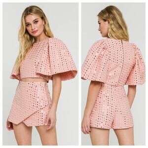 Free the Roses Sequin Puff Sleeve Crop & Wrap Front Skort Set - Pink - M